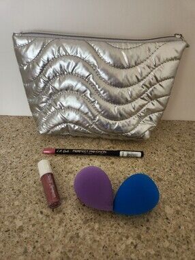 3/$15 Silver Makeup Bag, lip gloss & lip liner, 2 Beakey sponges, NEW-never used